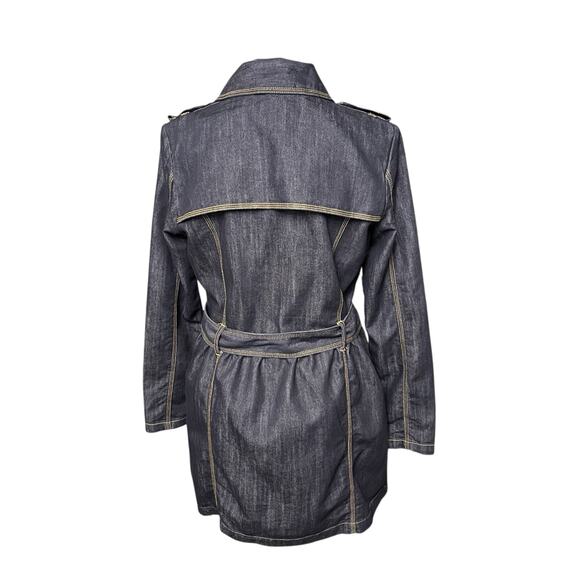 Baccini Denim Trench Coat Women’s Sz M Dark Wash Tie Belt Long Jacket Streetwear - Picture 5 of 9